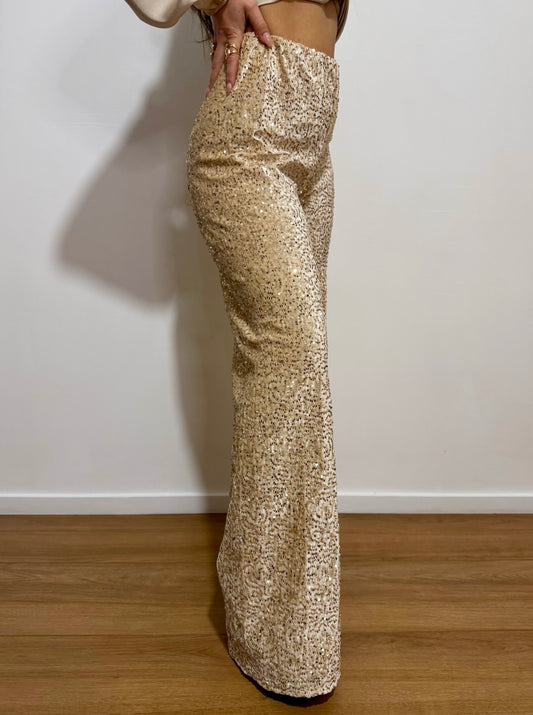 Παντελόνα με παγιέτα σε σαμπανί χρώμα